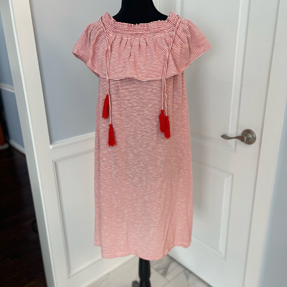 LOFT Orange and Cream Off-the-Shoulder Midi Sundress